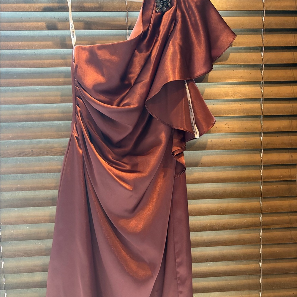 David's Bridal One-Shoulder Satin Dress in Copper